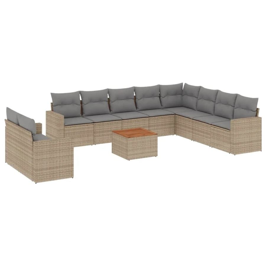 vidaXL 11-tlg. Garten-Sofagarnitur in L-Form aus Polyrattan mit Kissen und Couchtisch in Beige - Bild 2