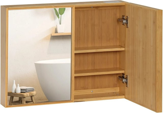 Kleankin Spiegelschrank aus Bambus Natur mit Doppeltür und 3 Innenböden, B/H/T: 65,2 x 50 x 14 cm - Bild 1