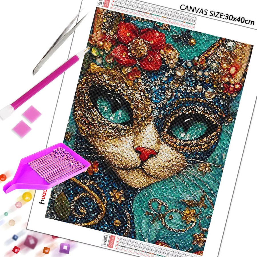 Huacan 5D DIY Diamantmalerei Set Katze und Blumen mit runden Diamanten in Mehrfarbig, Breite: 30 cm, Höhe: 20 cm - Bild 2
