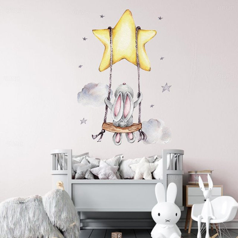 BRUP Wandtattoos Hase Cartoon Kaninchen auf Sternen für Baby und Kinderzimmer, abnehmbare PVC Wandaufkleber, mehrfarbig - Bild 1