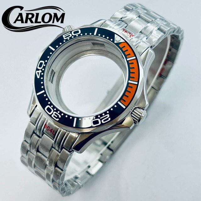 Carloms Uhrengehäuse, 41 mm, Edelstahl, Keramiklünette, Dunkelblau Orange, Silber - Bild 1