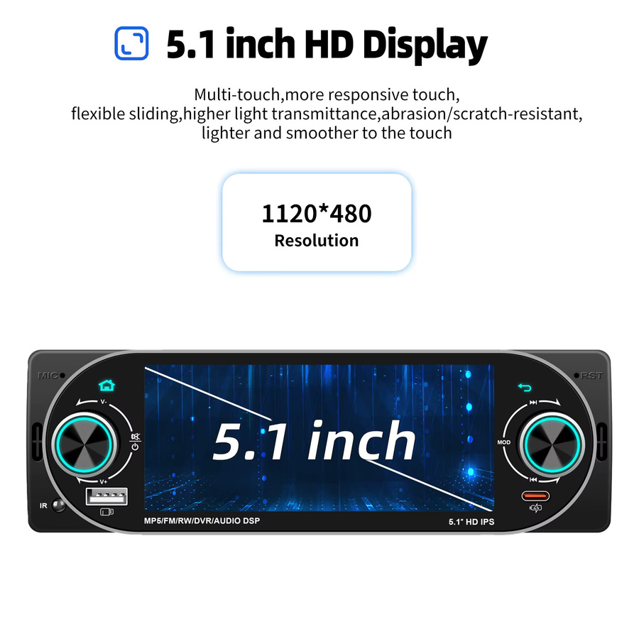 ESSGOO 1-DIN MP5 Autoradio mit 5,1 Zoll IPS-Bildschirm, kabelloses CarPlay und Android Auto, Bluetooth und Mirror Link, Schwarz - Bild 3