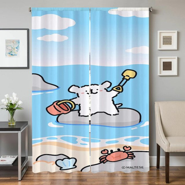 2er-Set Verdunklungsvorhänge mit Malteser Hund Motiv in Blau für Küche, Wohnzimmer oder Schlafzimmer, B: 50 cm, H: 70 cm - Bild 1