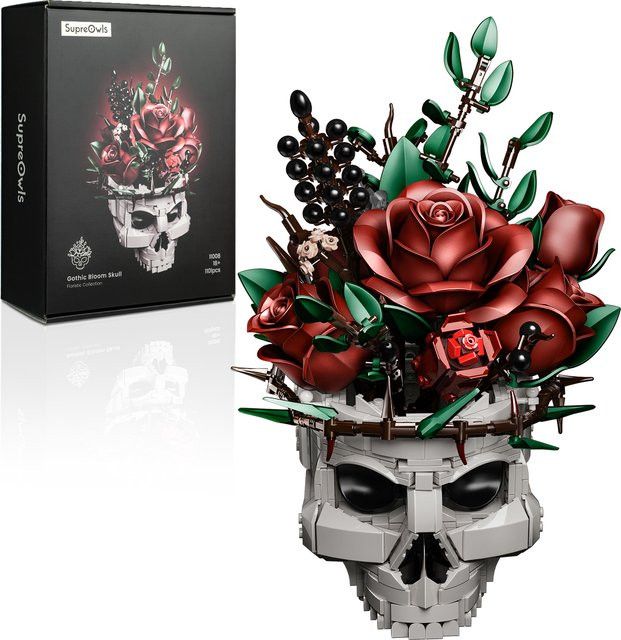 SupreOwls Totenkopf-Blumen Baustein-Set mit gotischem Rosenstrauß und Skelett-Blumentopf als dekoratives Sammlerstück für Erwachsene - Bild 1