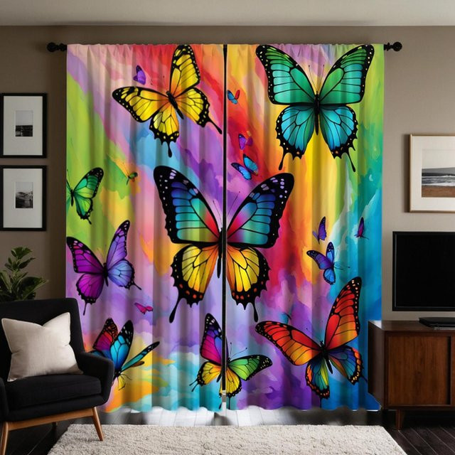 2er-Set dekorative Vorhänge mit Multicolor Schmetterlings-Print, blau, B: 132 cm, H: 160 cm - Bild 1