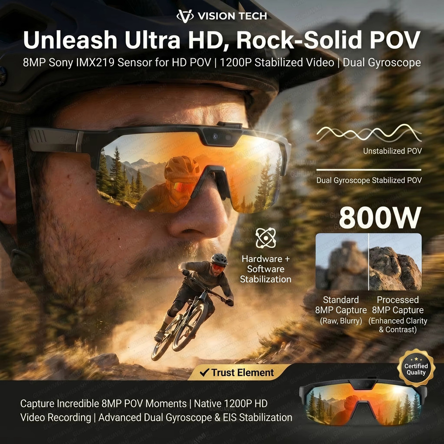 GUHUAVMI Smarte Brille mit 4K HD Anti-Shake-Kamera, 3D-Stereo-Lautsprechern und Bluetooth in Schwarz mit polarisiertem UV400 Schutz für Outdoor-Videos und KI-Funktionen - Bild 2
