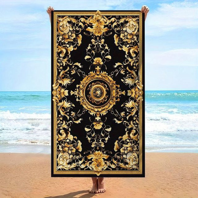 Dalangpa Strandtuch Barock-Medaillon in Schwarz und Weiß aus weicher Mikrofaser, B: 40 cm, H: 60 cm - Bild 1