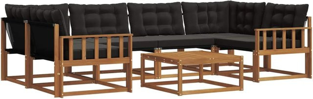 vidaXL Outdoor-Sofagarnitur 7-teilig in U-Form aus massivem Akazienholz mit Textilene und Kissen, Schwarz und Natur - Bild 1