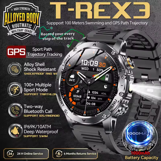 LIGE T-REX3 Smartwatch für Männer in Schwarz mit GPS, Bluetooth-Anruffunktion, starker Taschenlampe und 10ATM Wasserdichtigkeit sowie 1000 mAh Akku - Bild 1