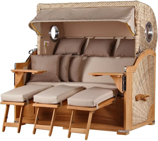 bene,iving Strandkorb Komplettset Königssee 3 Sitzer aus Teakholz mit PE Shell und Schutzhülle in Beige/Braun - Bild 1
