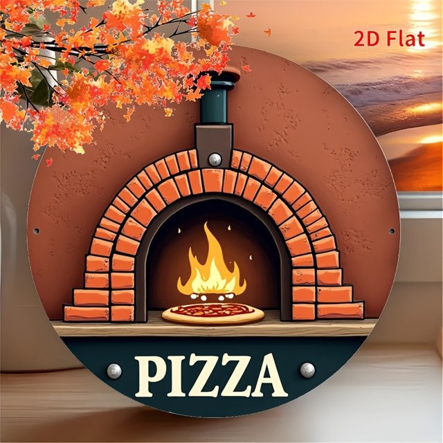 CIFBUY Vintage Italienische Pizzeria Wanddekoration aus Aluminium, Rundes Metallschild mit Pizza- und Flammen-Motiv in Multicolour - Bild 1