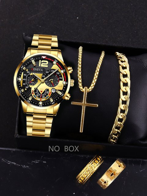 CMK Schmuck-Set, Armbanduhr, Ring, Halskette, Messing, Gold, Herren - Bild 1