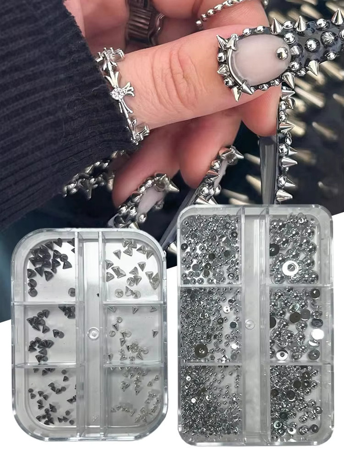 Art lalic Nagelschmuck Set, 3D Pyramide Ohrstecker, Schwarz Silbrig, Metall - Bild 5