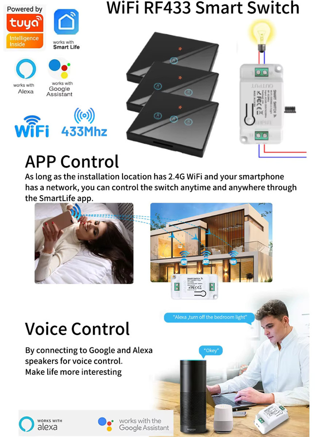 Tuya WiFi RF433 Touch Smart Schalter ohne Verkabelung zur Sprachsteuerung mit Alexa und Google Home für Wandlichter - Bild 4