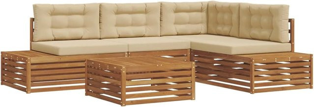 vidaXL Sofagarnitur in L-Form mit 14-teiligem Set aus Akazienholz und Polsterkissen in Natur-Beige - Bild 1