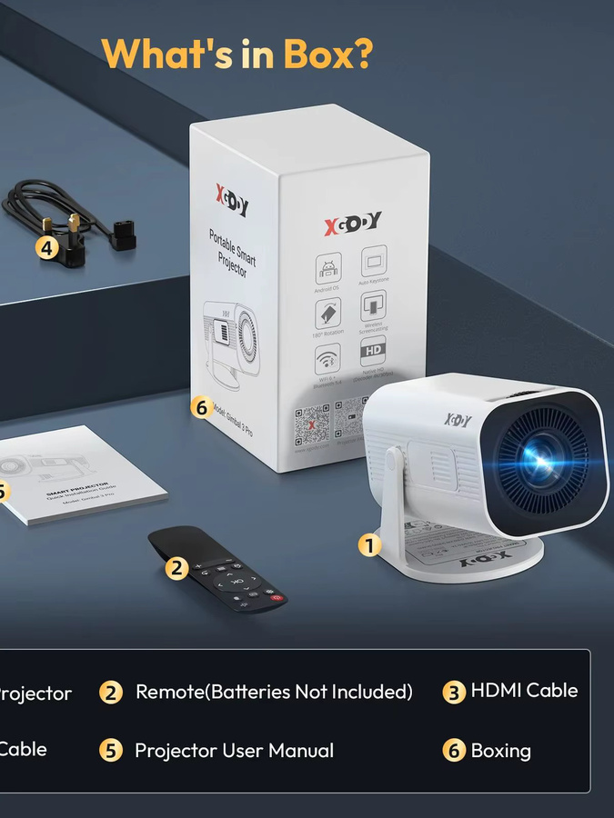 XGODY Gimbal 3 Mini Beamer 4K WiFi6 Android Projektor mit 300 ANSI Lumen, 1280x720P Auflösung, Bluetooth 5.4 und Dual WIFI in Weiß - Bild 8