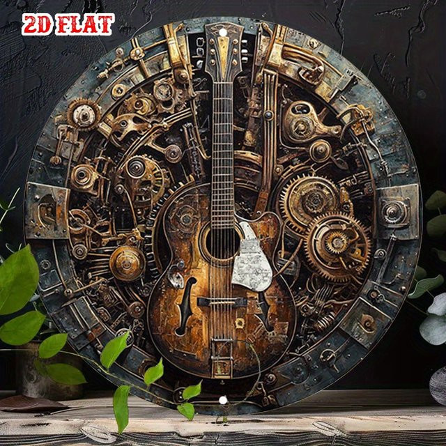 CIFBUY Steampunk Gitarren Wandkunst aus Aluminium, rundes Metallposter mit Zahnrad-Design in Multicolour für dein Wohnzimmer oder Musikstudio - Bild 1