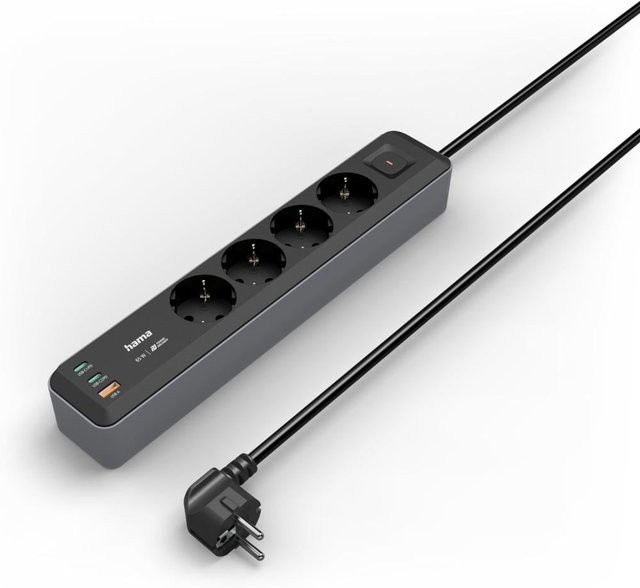 Hama 4-fach Steckdosenleiste mit USB-C und USB-A Anschlüssen 65W PD in Schwarz/Grau, 1,4 m - Bild 1