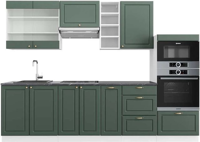 Vicco Fame-Line Küchenzeile Landhaus Stil in Grün-Gold, Weiß und Anthrazit, Breite: 280 cm, Höhe: 82 cm, Tiefe: 60 cm - Bild 1