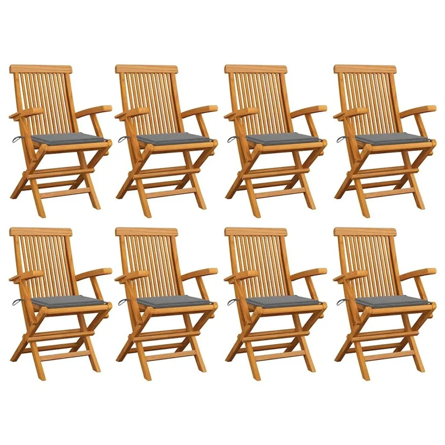 vidaXL Gartenstuhl-Set aus Teak-Massivholz mit grauen Kissen, 8 Stück, Braun - Bild 2