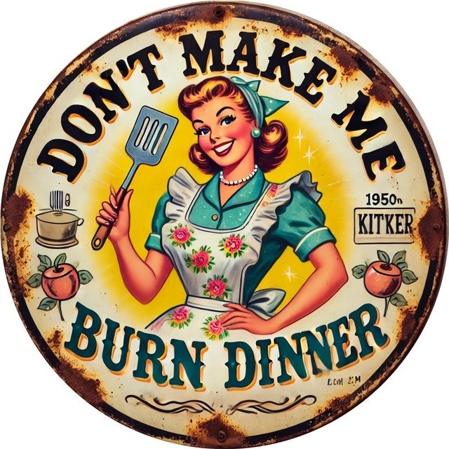 Potdemiel Vintage Aluminiumschild Don't Make Me Burn Dinner Rund, Mehrfarbig, Durchmesser: 20 cm - Bild 1