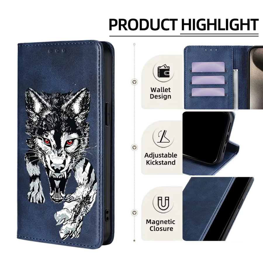 Lederne Brieftasche mit Wolf-Muster als Handyhülle für Samsung Galaxy S25 Ultra, S25 FE, S24, S23, S22, A17, A07, A56, A36, A26 mit Kartenfächern in Schwarz - Bild 2