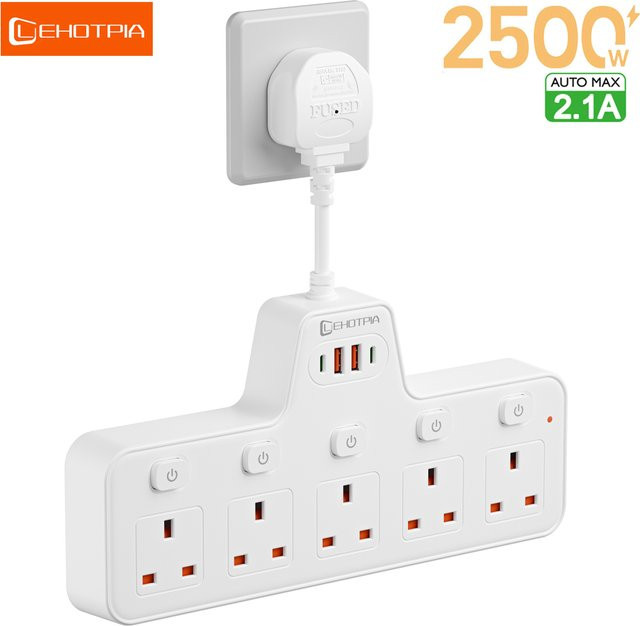 Lehotpia Steckdosenleiste mit Netzwerkfilter und USB-C Schnellladeadapter, 2500 W, Weiß, Wandmontage mit unabhängigen Schaltern - Bild 1