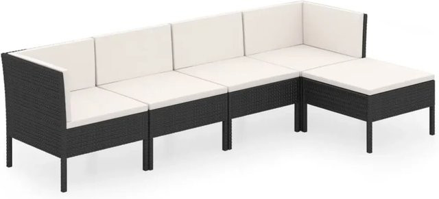 vidaXL 5-tlg Garten-Lounge-Set in L-Form aus Poly-Rattan mit Auflagen und Kissen, Schwarz - Bild 1