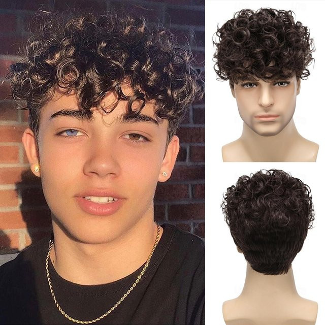 HAIRJOY Perücke für Herren, lockig, dunkelbraun, kurz - Bild 1