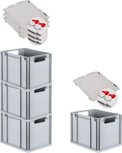 PROREGAL Spar Set 4x Eurobox Nextgen Economy mit Scharnierdeckel und roten Schiebeschnappverschlüssen, Grau, H: 32 cm, B: 30 cm, T: 40 cm - Bild 1
