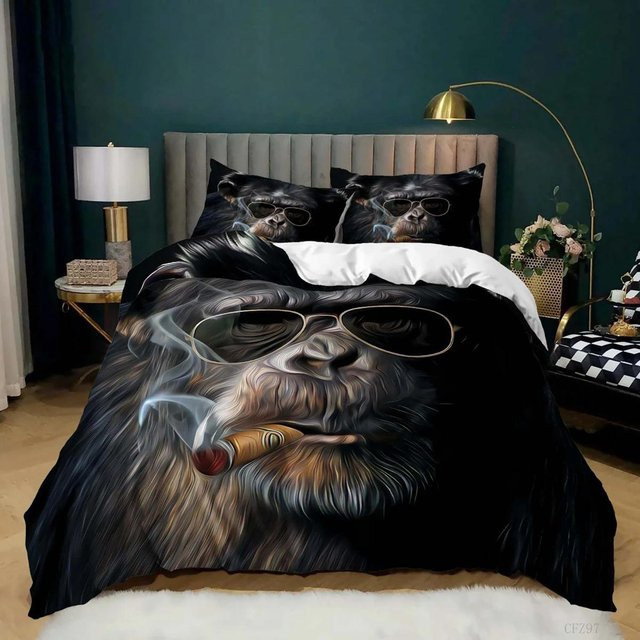 Flylo Bettwäsche-Set mit Orang-Utan Affenmuster im Boho-Stil, Mikrofaser, Schwarz, B/H: 135 x 200 cm - Bild 1