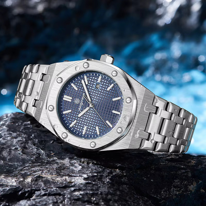 PAAZOMU Armbanduhr Edelstahl, Quarz, Datum, Wochentag, Blau, Herren - Bild 4