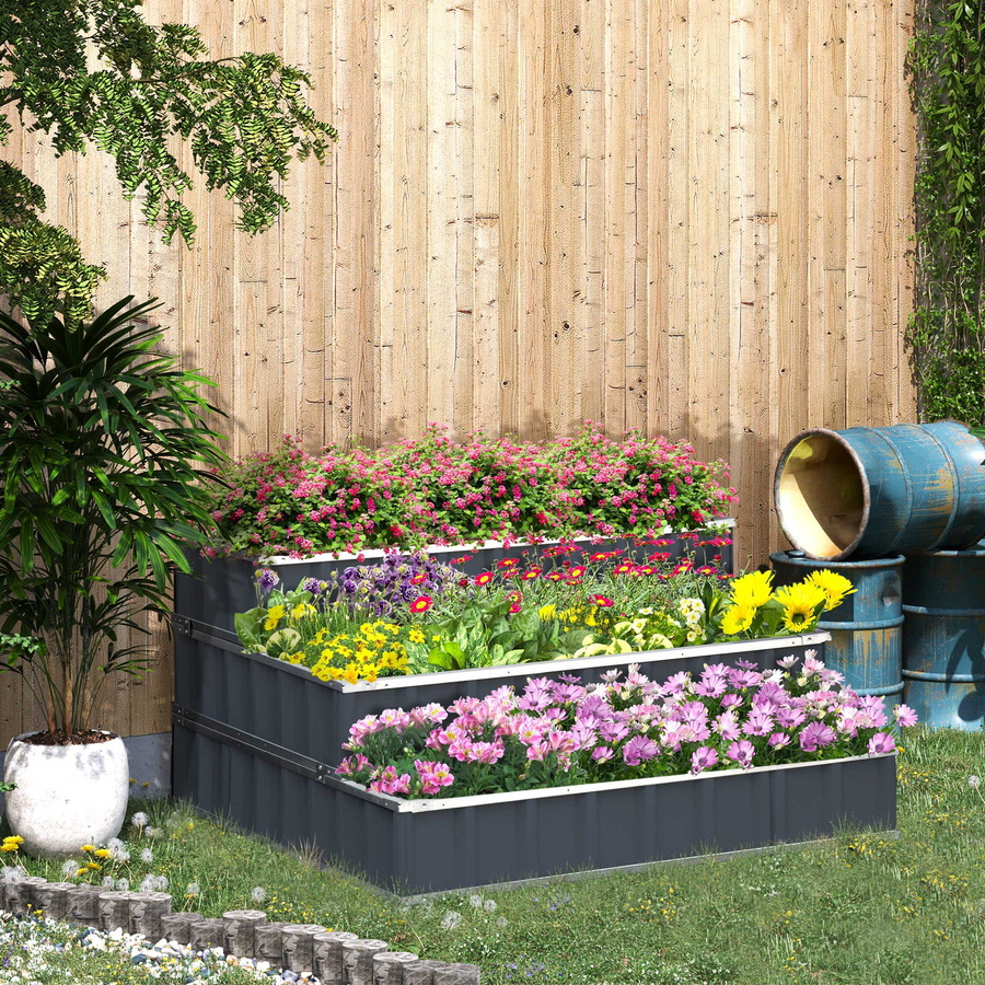 Outsunny Hochbeet aus Metall in Dunkelgrau mit 3-stufiger Pflanzentreppe, T-Form Pflanzschildern und Handschuhen, B/T/H: 118 x 118 x 62 cm - Bild 2