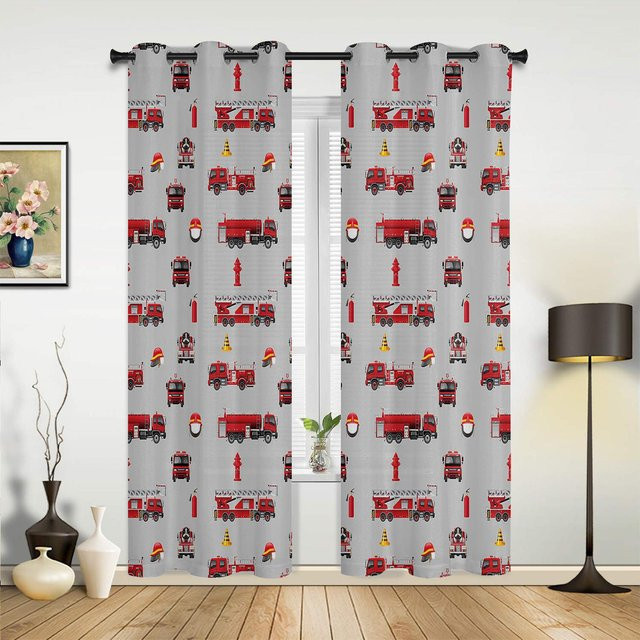 Moderne Vorhänge mit Cartoon-Feuerwehrauto-Muster in Rot und Grau für Kinderzimmer, Wohnzimmer oder Küche, Breite: 135 cm, Höhe: 60 cm - Bild 1