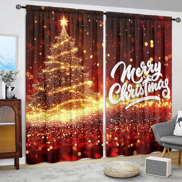2er-Set dekorative Vorhänge mit Weihnachtsbaum-Aufdruck von Household supplies MH, halbtransparent, mehrfarbig, B: 52,5 cm, H: 116 cm - Bild 1