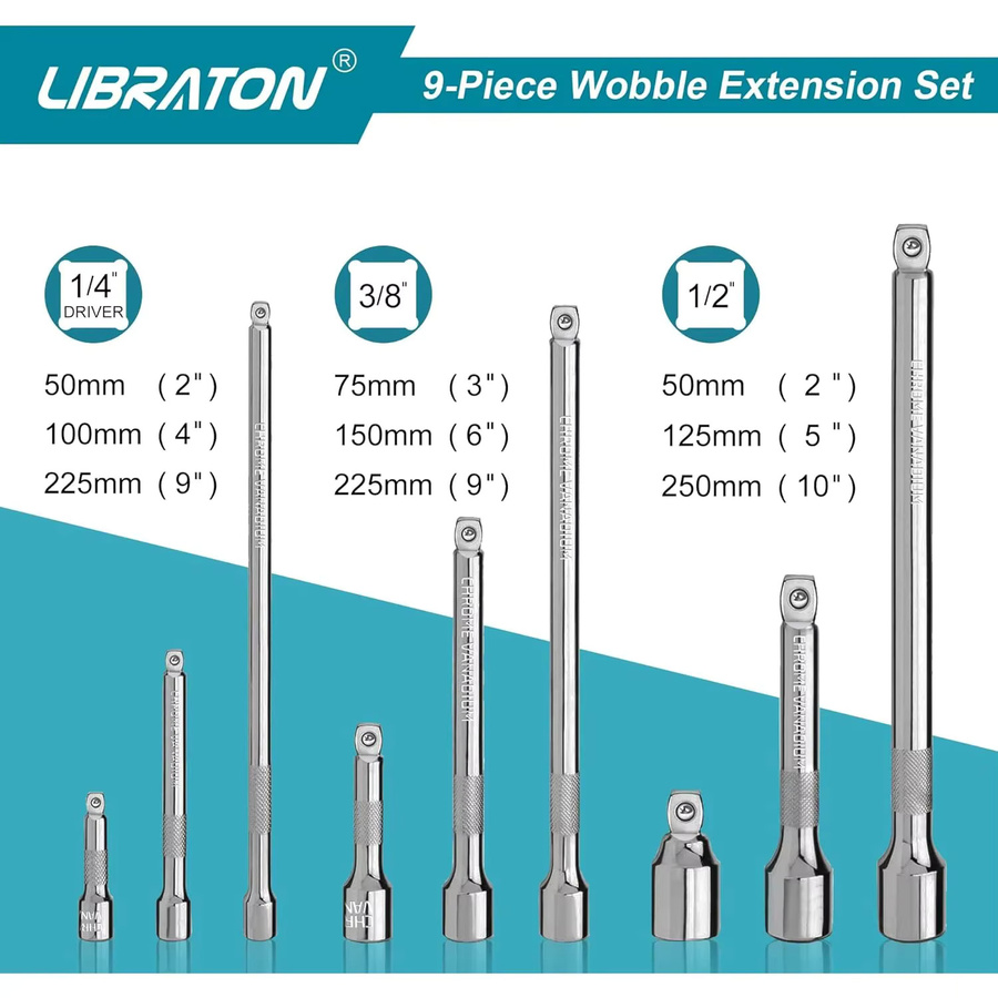 Libraton Wobble Extension Set Ratschenverlängerungen in Silber, 1/4 Zoll, 3/8 Zoll und 1/2 Zoll - Bild 2