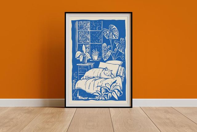 Boho Wandkunstdruck Schläfrige Katze im Retro-Linocut-Stil von SHENCHEN als Vintage-Illustration für dein Schlafzimmer - Bild 1