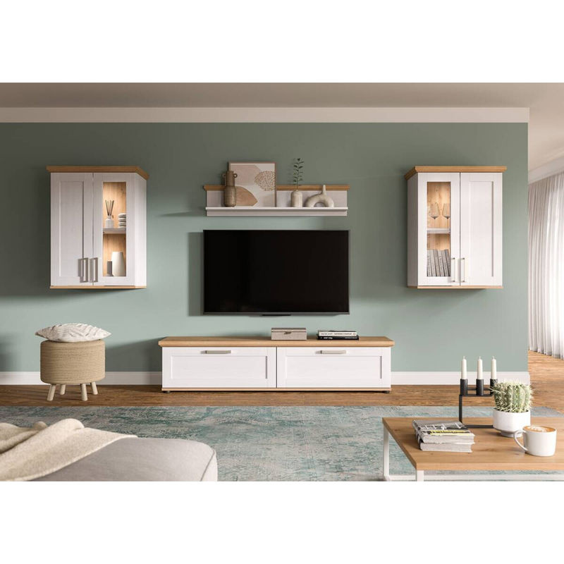 Wohnwand xonox.home VERONA im Landhaus-Look mit Eiche und Lärche Nachbildung, bestehend aus Lowboard, zwei Vitrinen und Wandboard, B/H/T: 316 x 161 x 40 cm - Bild 3