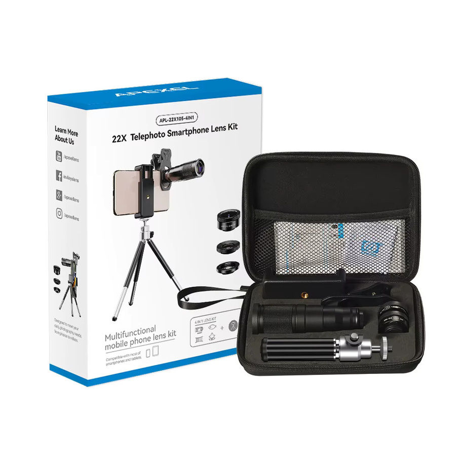 APEXEL Mini 22X Teleskop-Zoomobjektiv HD 4-in-1 Kameraobjektiv-Set mit Makro, Weitwinkel und Fisheye für iPhone und Samsung, Schwarz - Bild 5