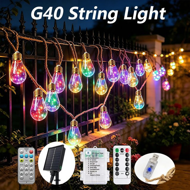 HAGAHA Solar Globe G40 LED-Lichterkette mit Fernbedienung und USB-Batteriebox, transparente Kugellampen, wasserdicht und bruchsicher - Bild 1