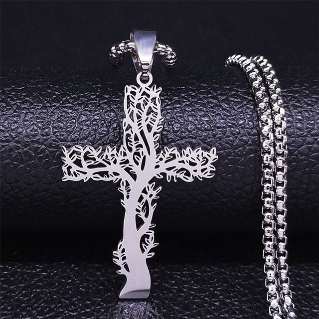 Weyena Halskette Edelstahl, Silber, Yoga-Meditationsbaum-Kreuz-Anhänger, Unisex - Bild 1