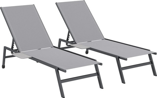 Outsunny 2er Set Sonnenliegen Grau aus Textilene und Metall mit 5-fach verstellbarer Rückenlehne, Seitentisch und Rollen für Garten, Pool oder Strand, Belastbarkeit bis 120 kg - Bild 1