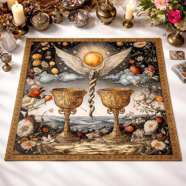 Hermetica Antiqua Two of Cups Tarot-Tuch, bunte Altarmatte im Vintage-Stil - Bild 1