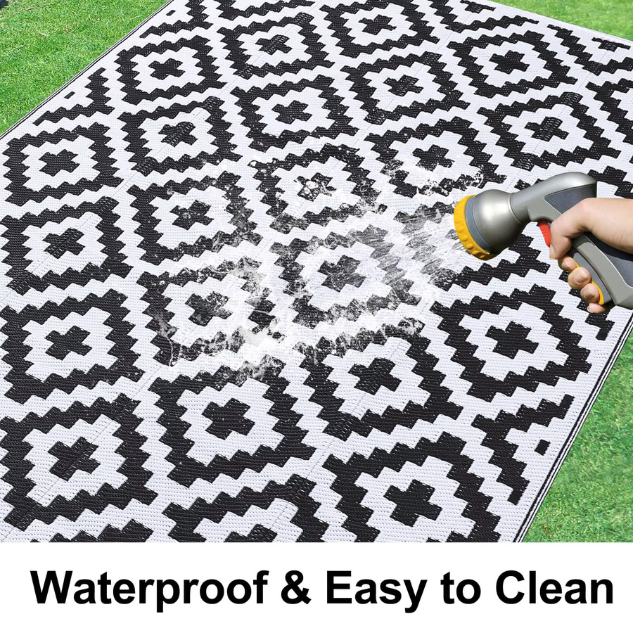 Olanly Outdoor-Teppich in Schwarz, wendbarer geometrischer Teppich aus Polypropylen für Terrasse und Garten - Bild 4