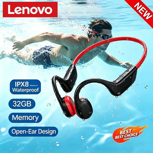 Lenovo Knochenleitungs-Kopfhörer kabellos mit Bluetooth 5.4 und Mikrofon, IPX8 wasserdicht für Sport und Schwimmen, in Schwarz oder Rot - Bild 1