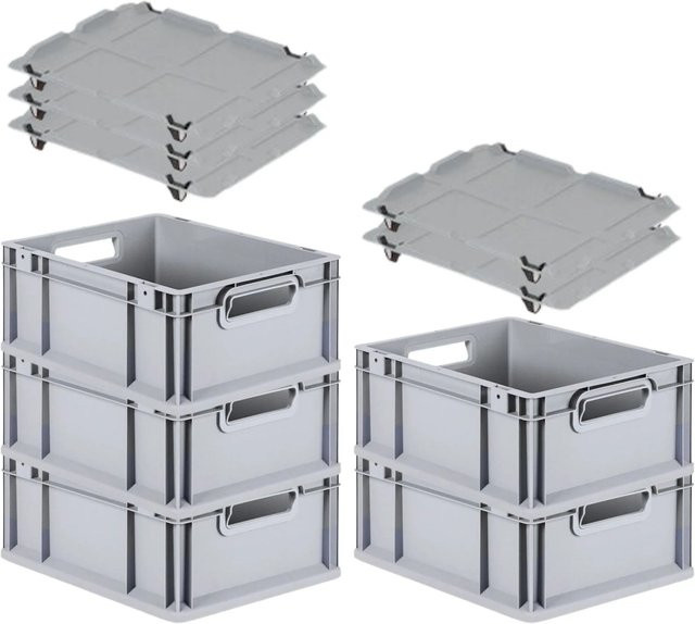 PROREGAL SparSet 5x Eurobox NextGen Grip mit Auflagedeckel und 4 schwarzen Schiebeschnappverschlüssen, Grau, H x B x T: 17 x 30 x 40 cm - Bild 1