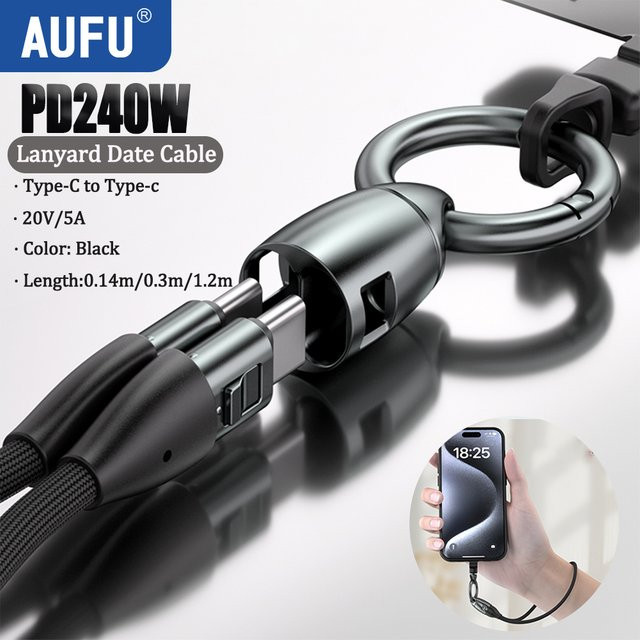 AUFU USB-C auf USB-C Kabel 240W Schnellladekabel mit Schlüsselanhänger Lanyard in Schwarz - Bild 1