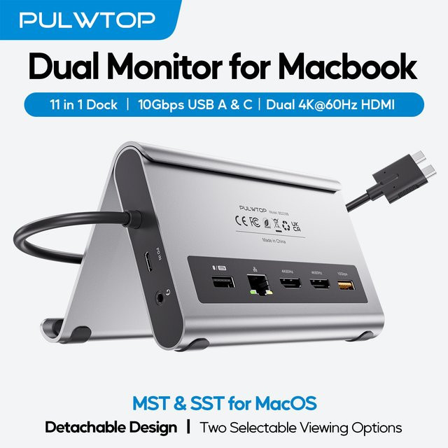 PULWTOP MacBook Dockingstation Dual Monitor 4K60Hz mit 2 HDMI, PD, Ethernet und USB-A/C 10 Gbit/s für MacBook Pro/Air M3/M4/M5 Pro - Bild 1