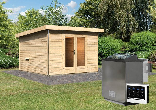 Saunahaus MAINBURG Set B mit Vorraum und BioKombiofen 9.0 kW, naturbelassen, inklusive 3 Liegen, B/T/H: 309 x 309 x 225 cm und Sauna: 225 x 190 cm - Bild 1