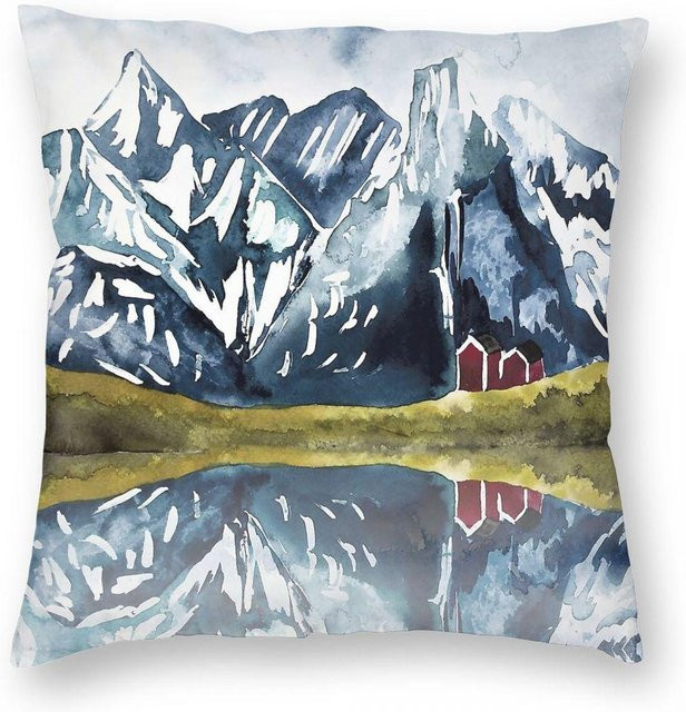 Dekorative Kissenhülle Norwegen Fjord Aquarell in Blau mit Reißverschluss, B/T: 40 x 40 cm - Bild 1
